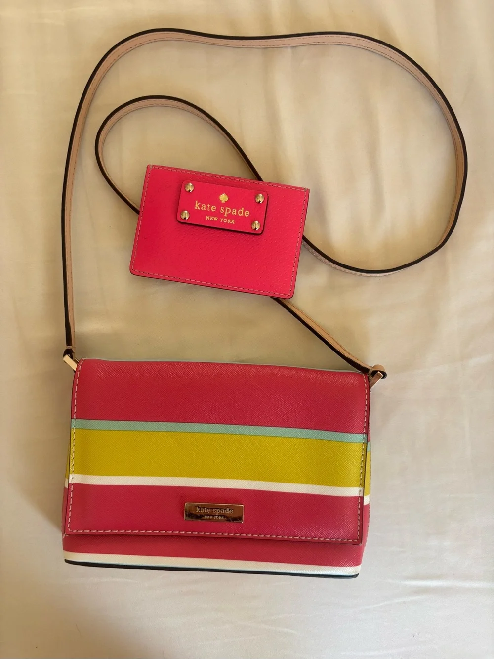 kate spade Pink and Yellow Stripe Crossbody with Matching Card Holder